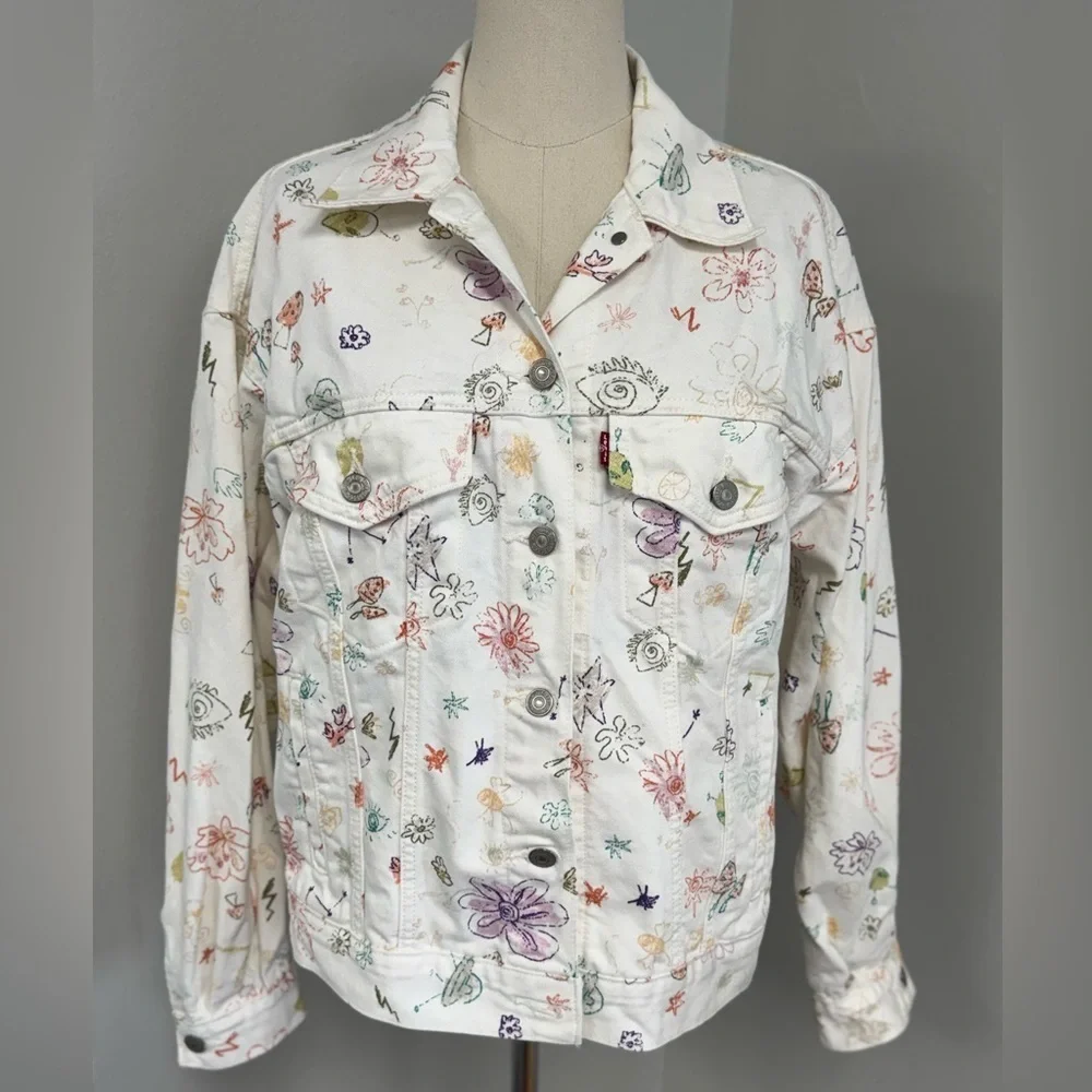 Levi's White Trucker Denim Jean Jacket All Over Print Floral size small